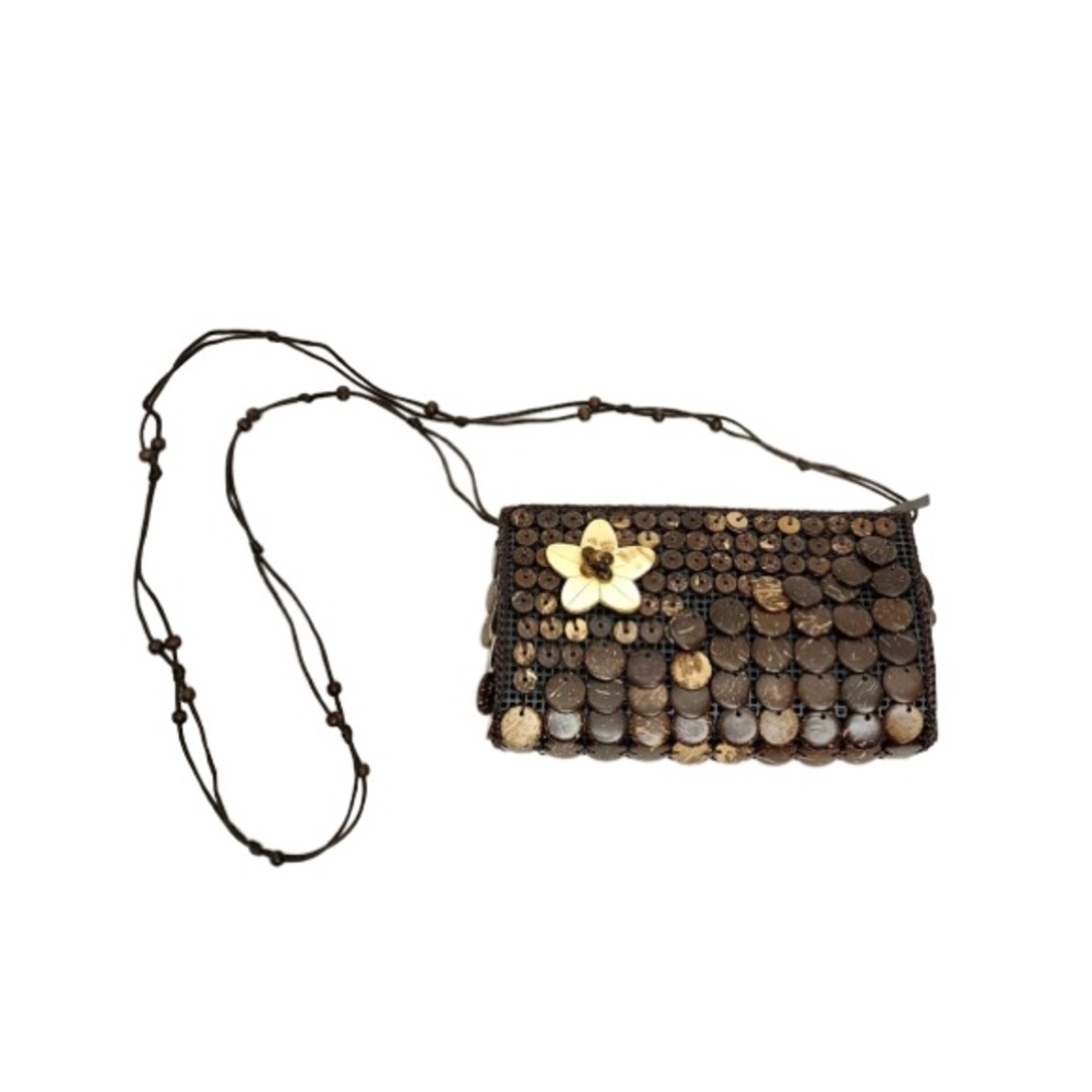 Vintage Hawaiian Puka Shell Coconut Bead Crossbody Purse Top Zip Brown & Cream